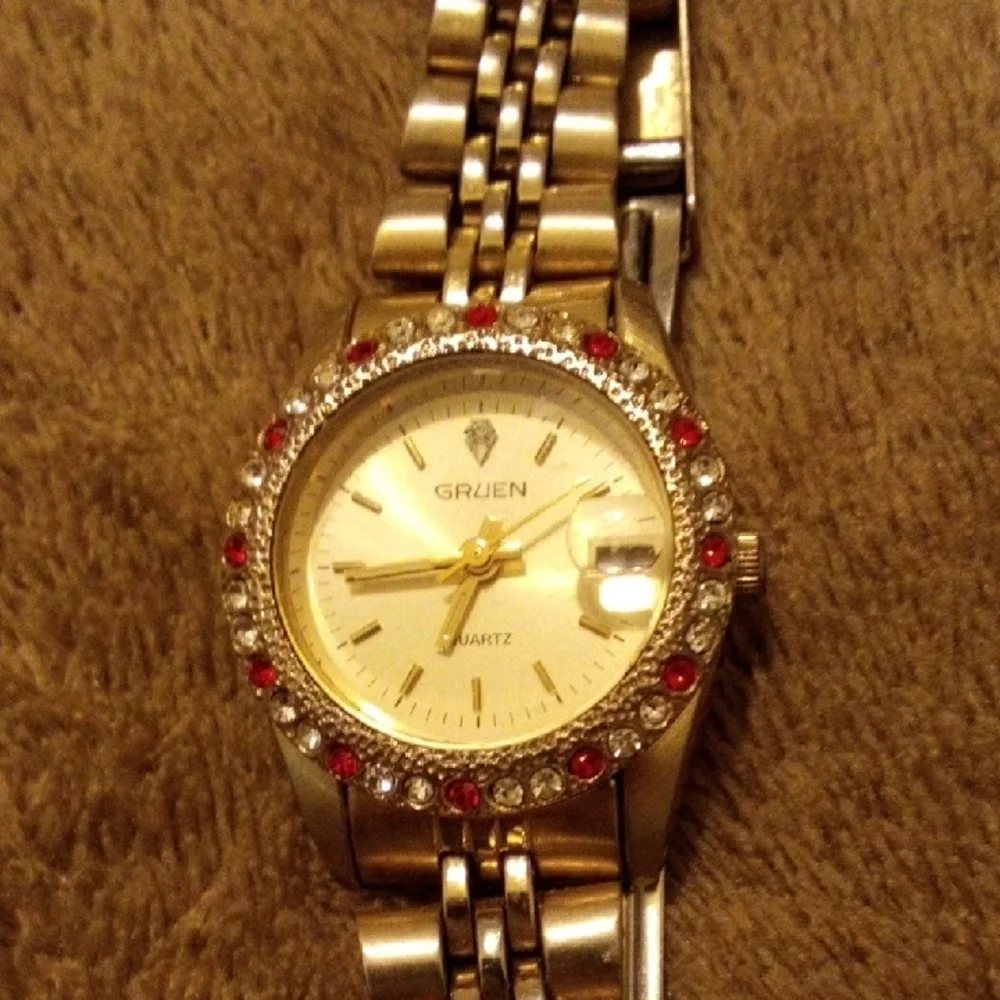 Gruen Women's Gold and Silver Watch with Red Details